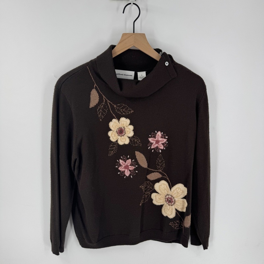 Alfred Dunner Brown Floral Embroidered Cowl Neck Sweater Size XL Artsy Cottage
